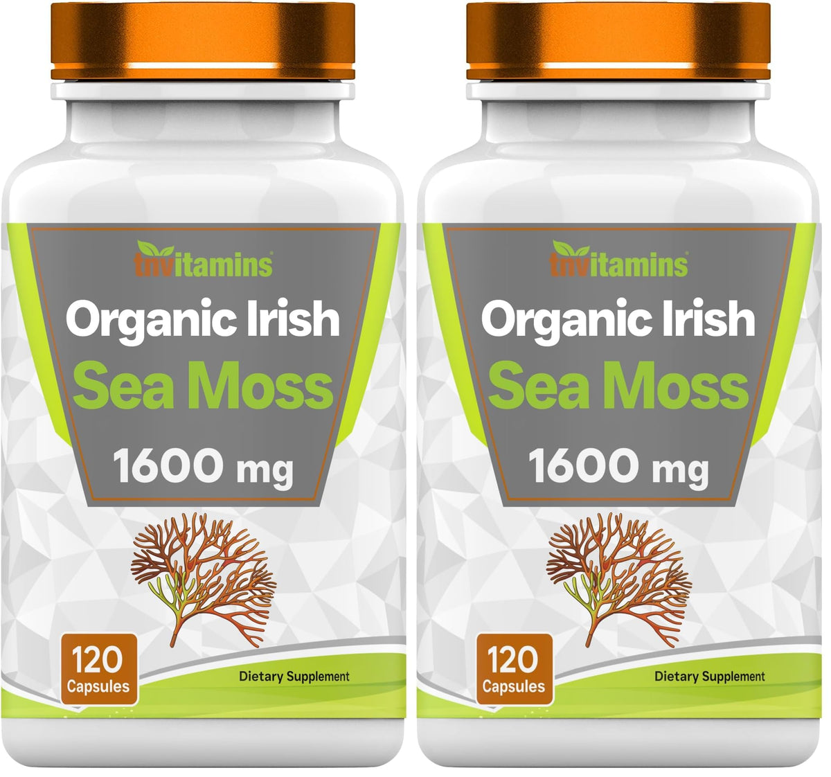 TNVitamins Organic Irish Sea Moss bottle front showing 1600mg per serving for daily support.