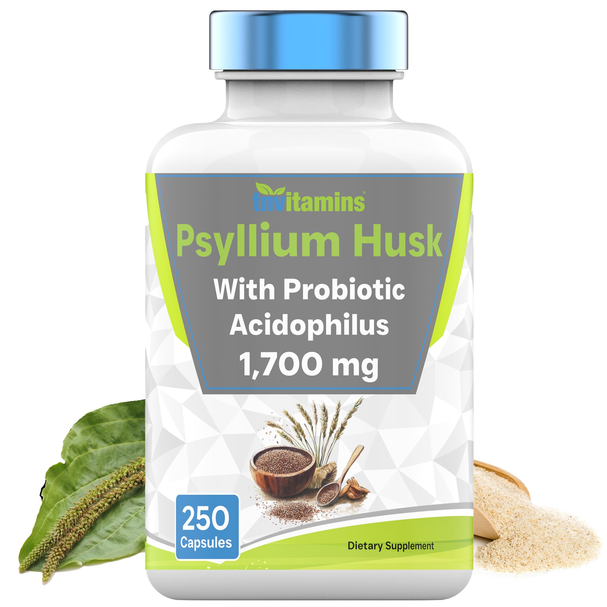TNVitamins Psyllium Husk Capsules bottle front with 1700 mg fiber for daily support