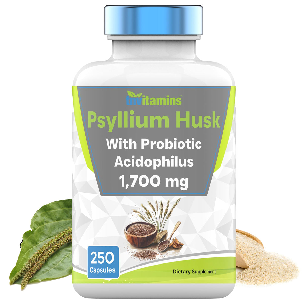 TNVitamins Psyllium Husk Capsules bottle front with 1700 mg fiber for daily support