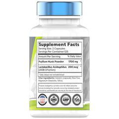 TNVitamins Psyllium Husk Capsules bottle side highlighting probiotic Acidophilus per serving