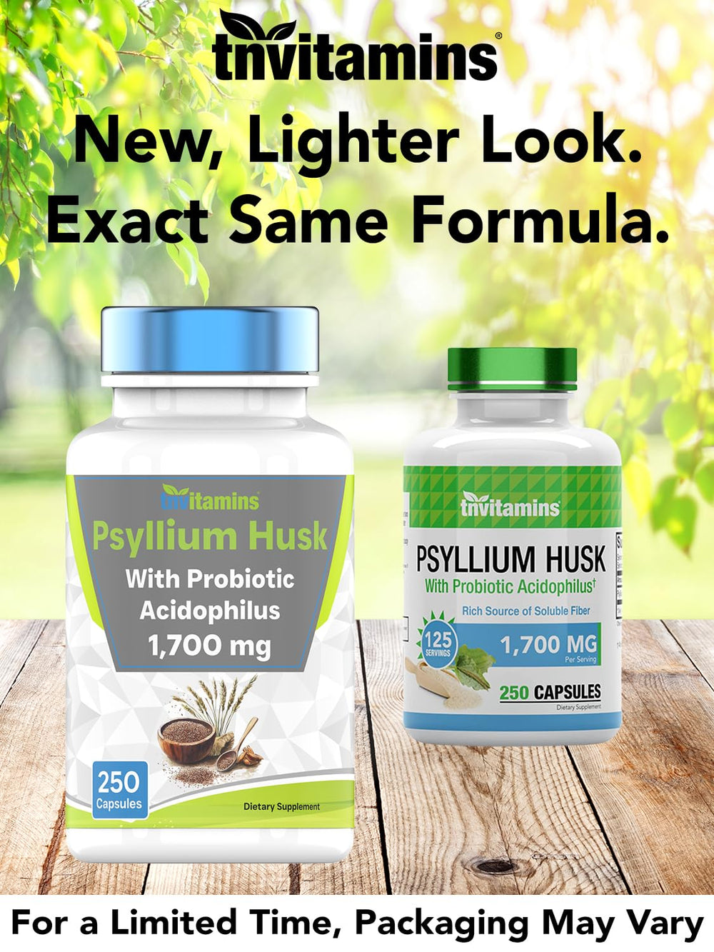 Nutrition label on TNVitamins Psyllium Husk Capsules showing 1700 mg fiber per serving