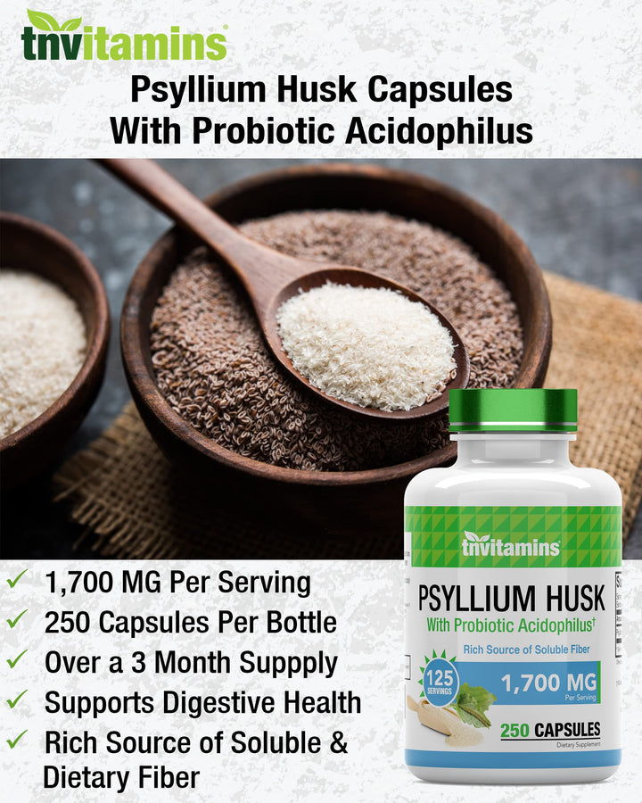 TNVitamins Psyllium Husk Capsules bottle emphasizes USA-made quality and lab testing