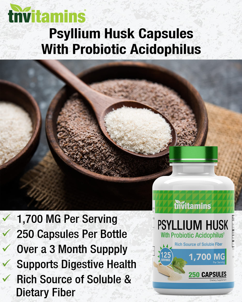 TNVitamins Psyllium Husk Capsules bottle emphasizes USA-made quality and lab testing
