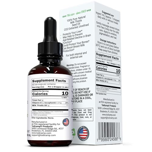 TODICAMP Milk Thistle Seed Oil Extract dropper delivering fast-absorbing liquid drops.