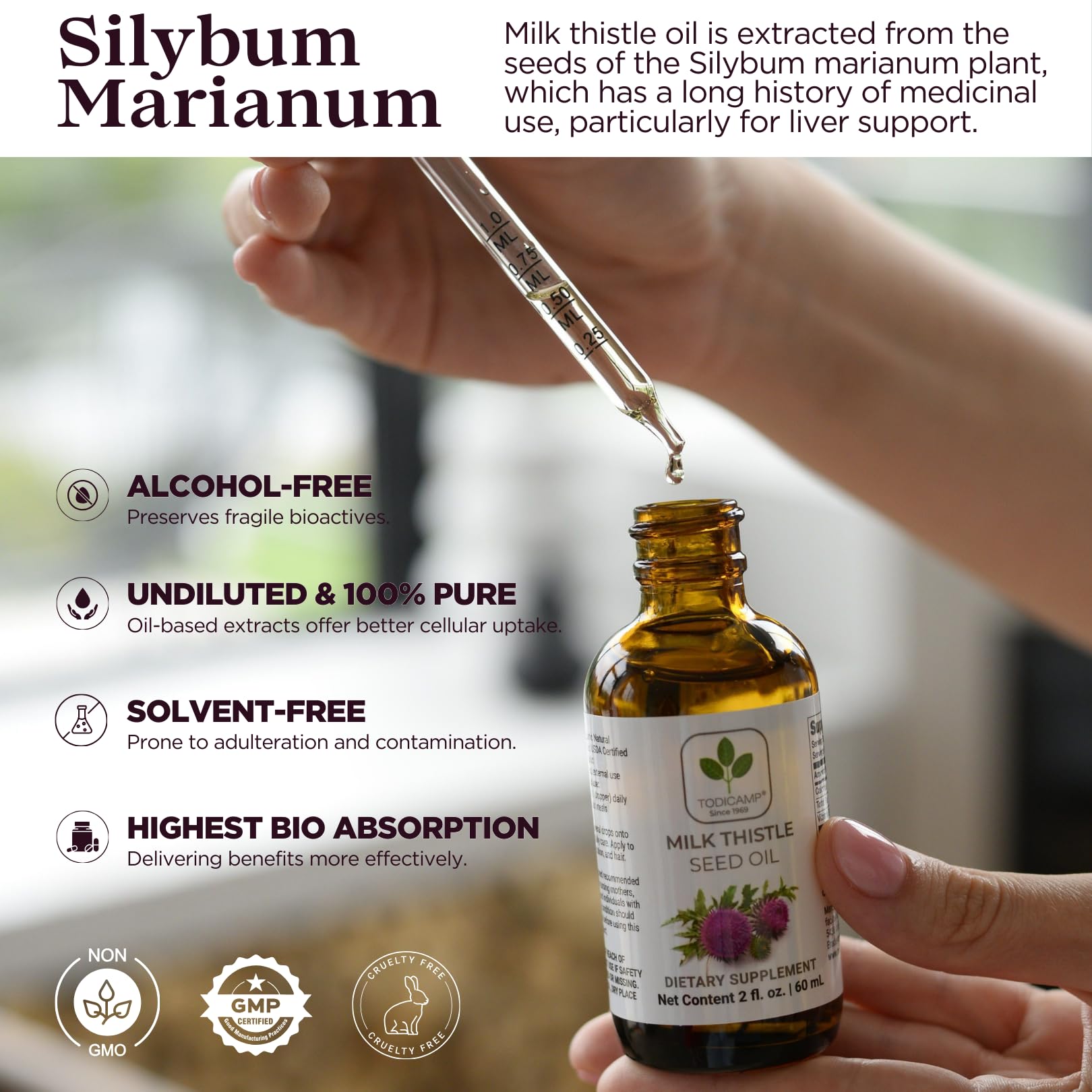 TODICAMP Milk Thistle Seed Oil Extract ingredient panel shows silymarin and tocopherols.