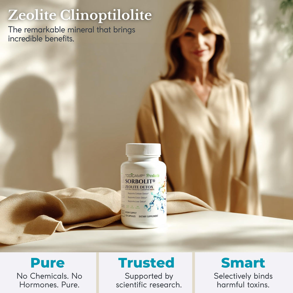 TODICAMP Zeolite Detox Sorbolit bottle label highlighting ingredients and usage.