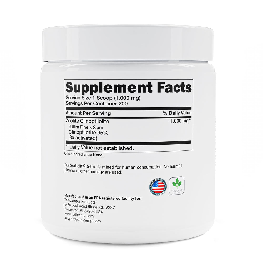 TODICAMP Zeolite powder colon detox image highlights gas and toxin absorption