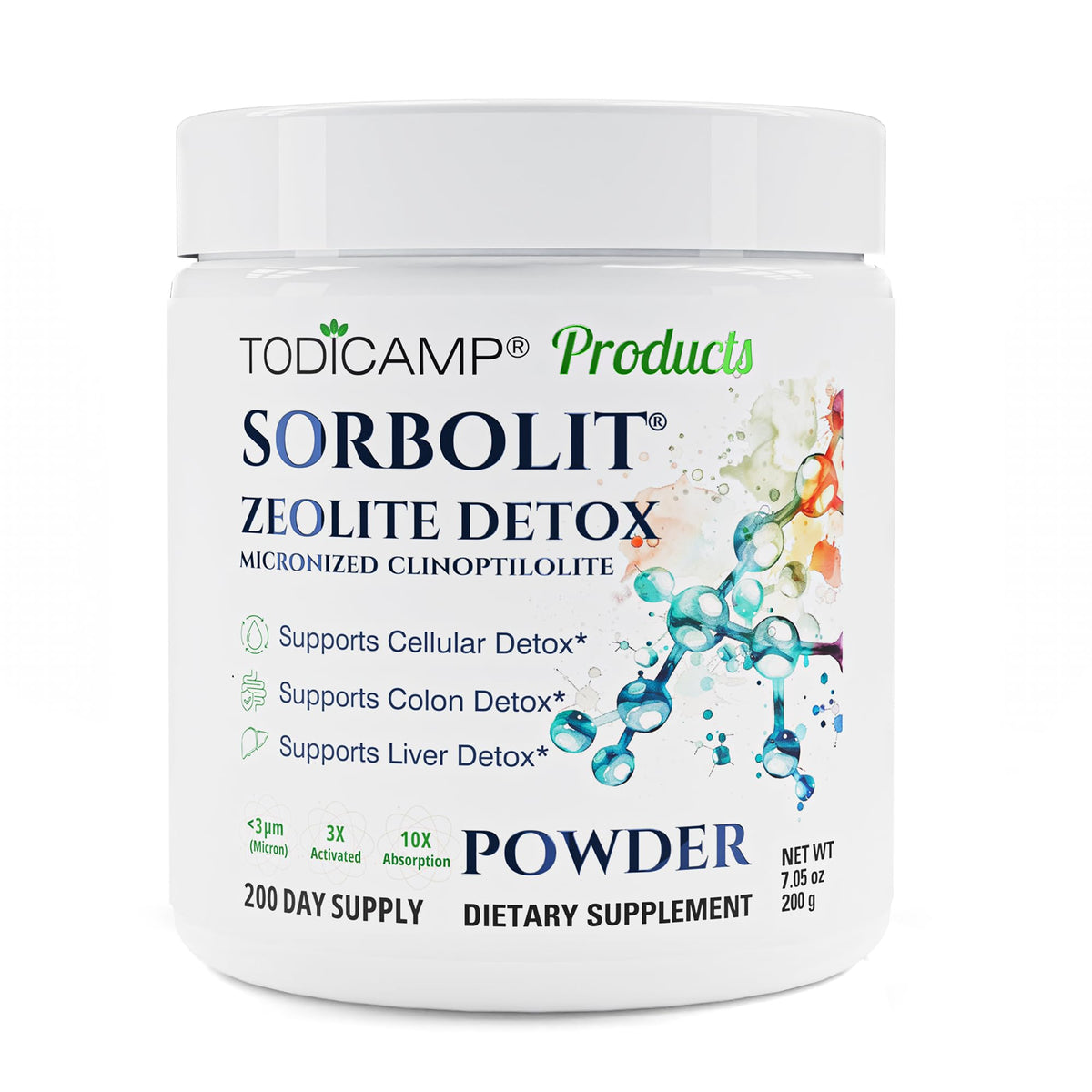 TODICAMP Zeolite powder full body detox image illustrates toxin binding potential