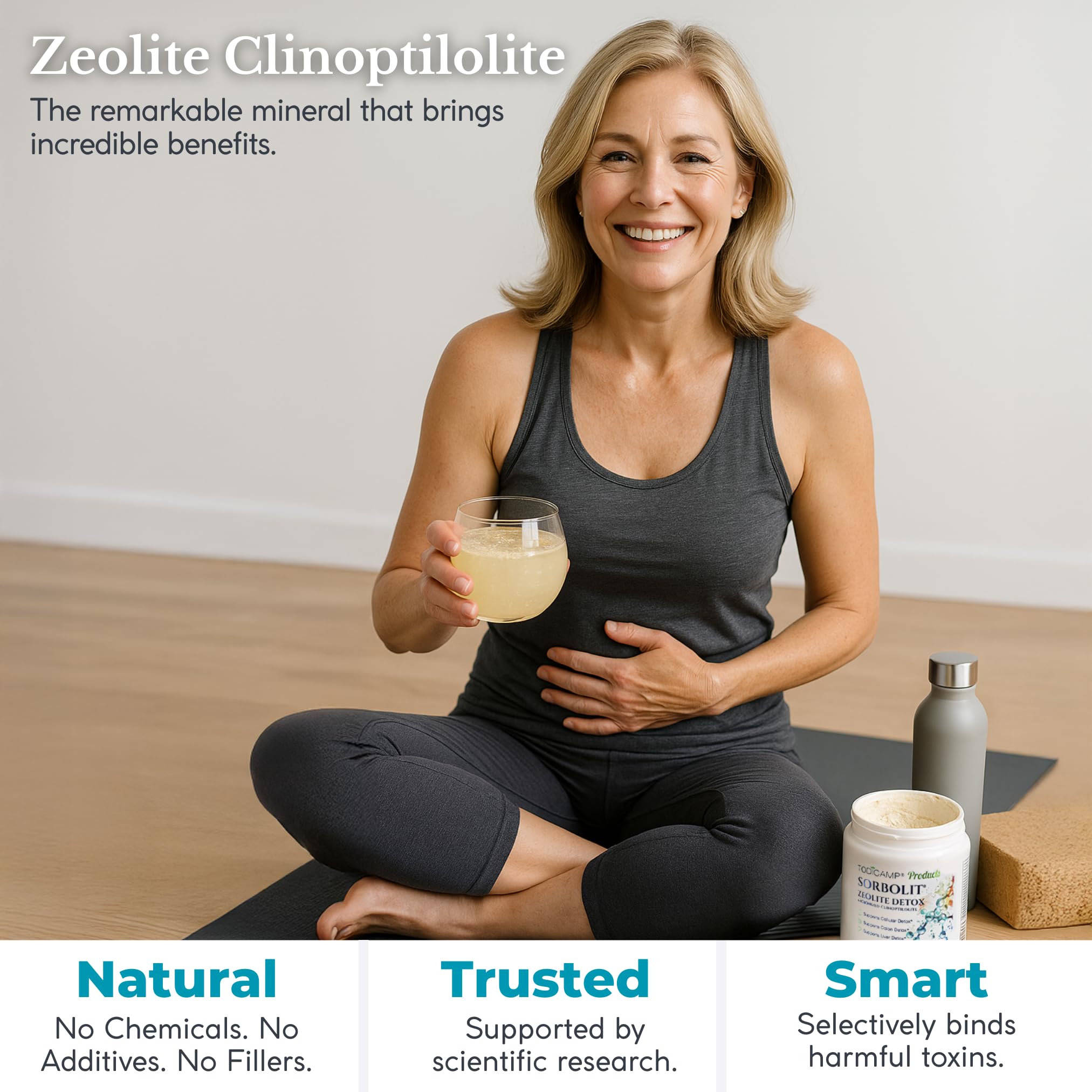 TODICAMP Zeolite powder liver detox image suggests liver support through binding