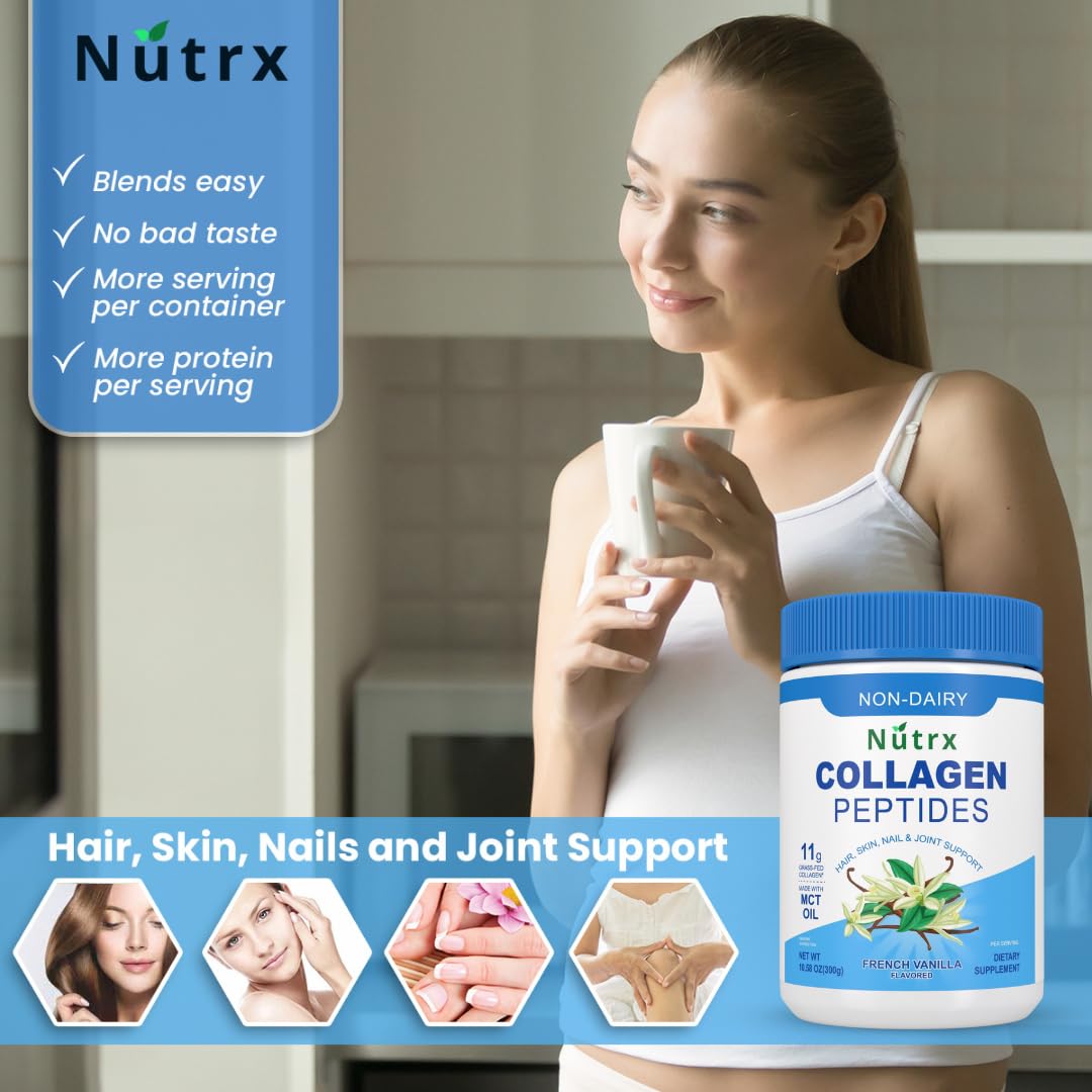 Toeah collagen peptides powder vanilla scoop on lid; convenient measurement for consistent use.