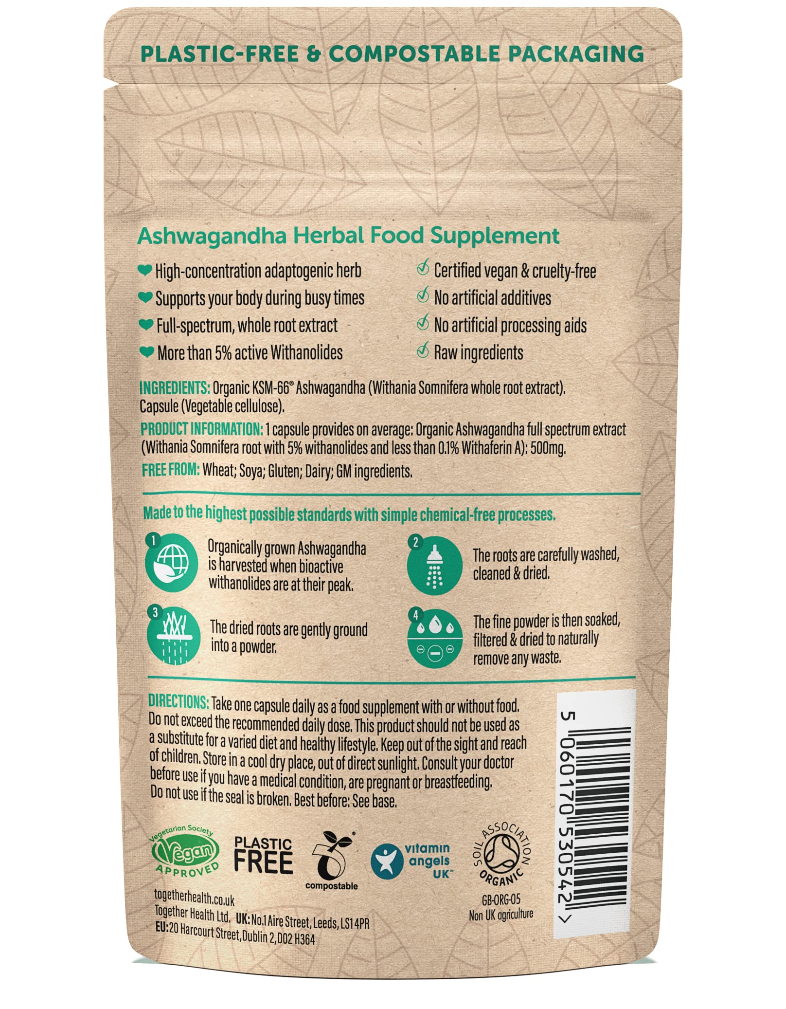 Together Ashwagandha capsules closeup shows compact root extract capsules.