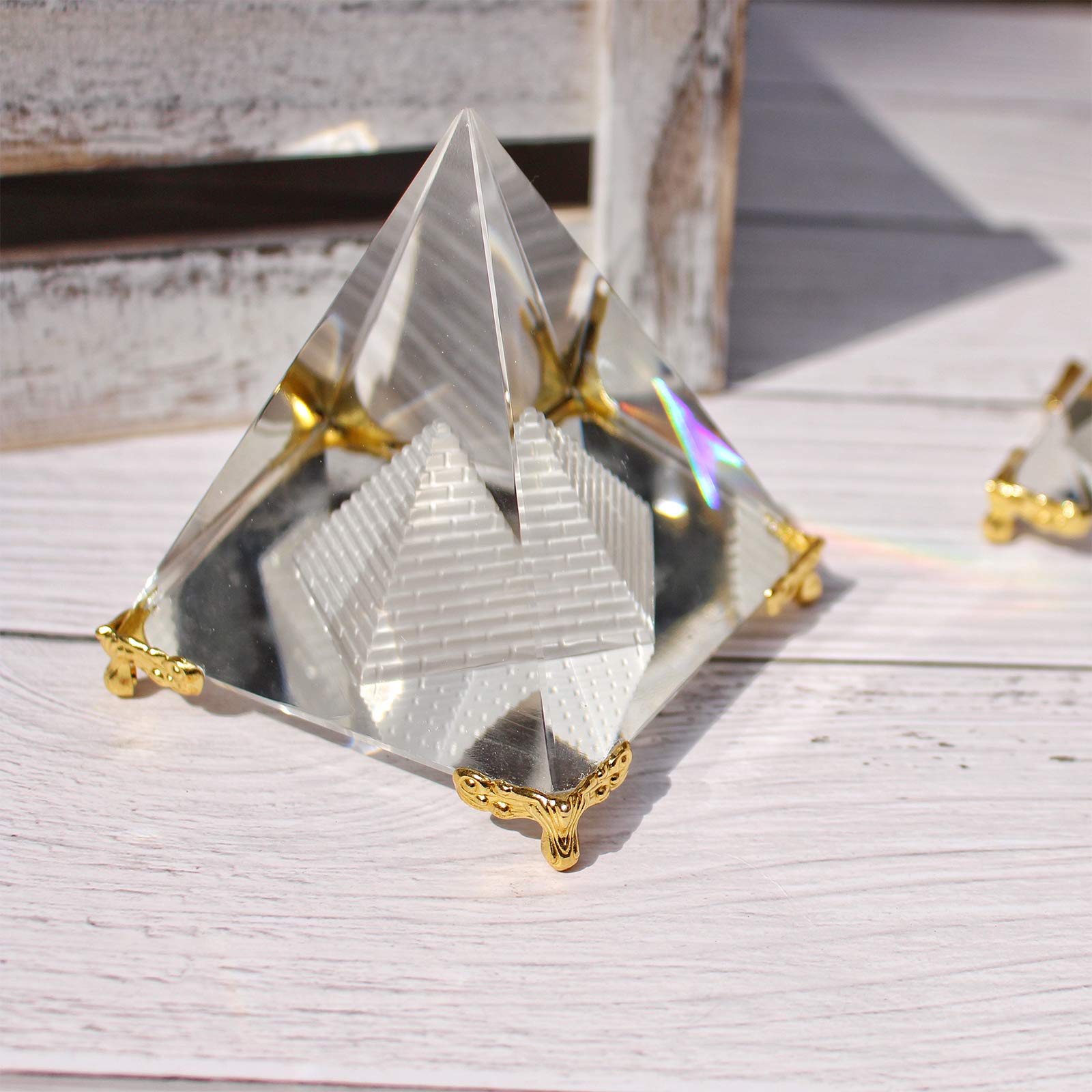 Together-Life crystal pyramid on gold stand showcases premium decor