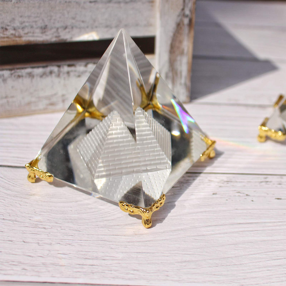 Together-Life crystal pyramid on gold stand showcases premium decor