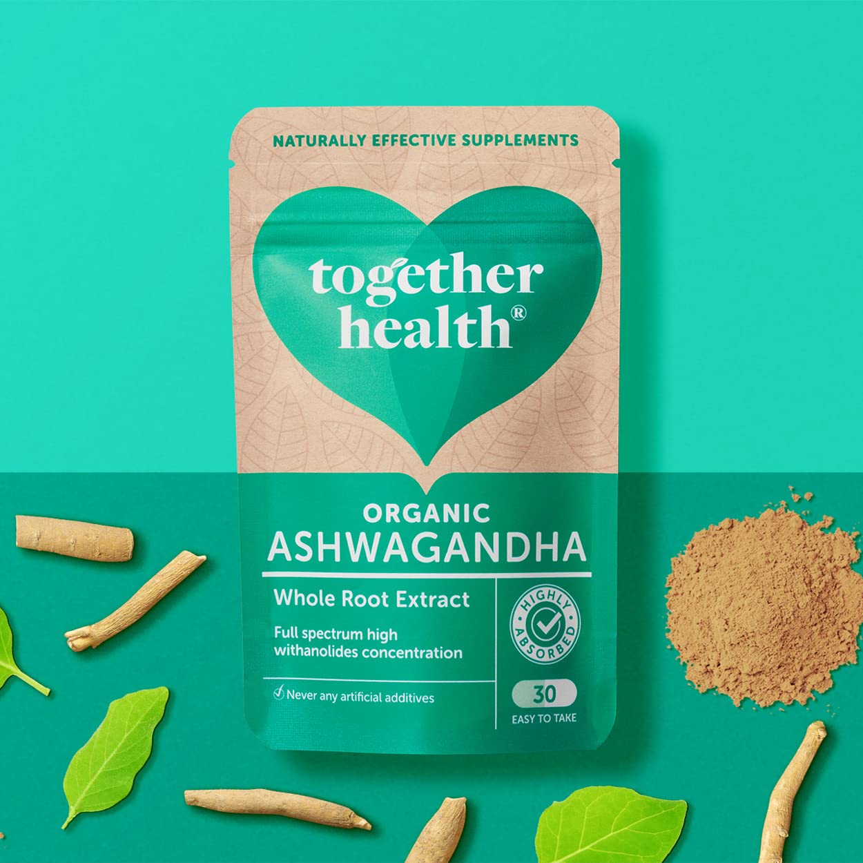 Together WholeHerb Ashwagandha packaging on a clean surface.