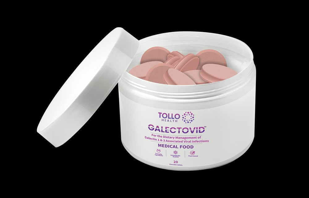 GALECTOVID bottle close-up showing peppermint flavor and chewable format