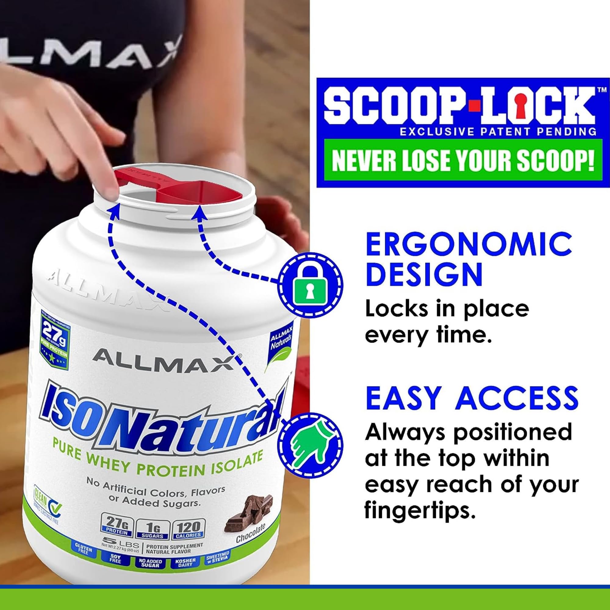 Tombow ISONATURAL vanilla lactose-free badge signals dairy-friendly protein options.