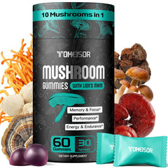 TOMEISOR Lions Mane gummies bottle shown for convenient daily brain support.
