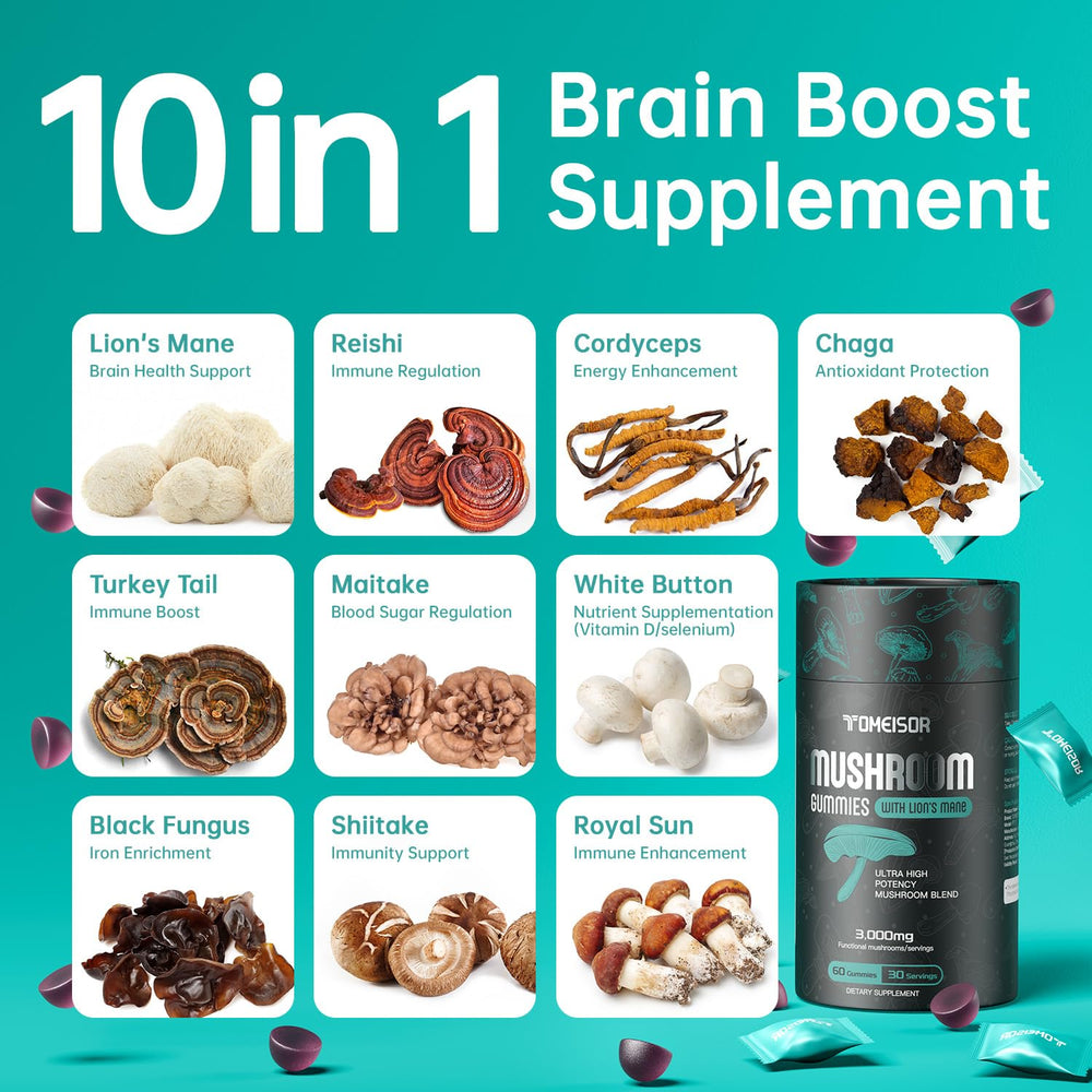 TOMEISOR Lions Mane gummies pour demonstrates easy dosing on the go.