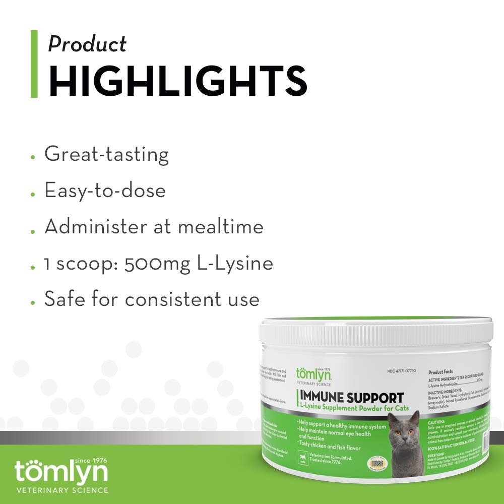 Tomlyn fish-flavored lysine powder invites cats to lick and intake lysine.