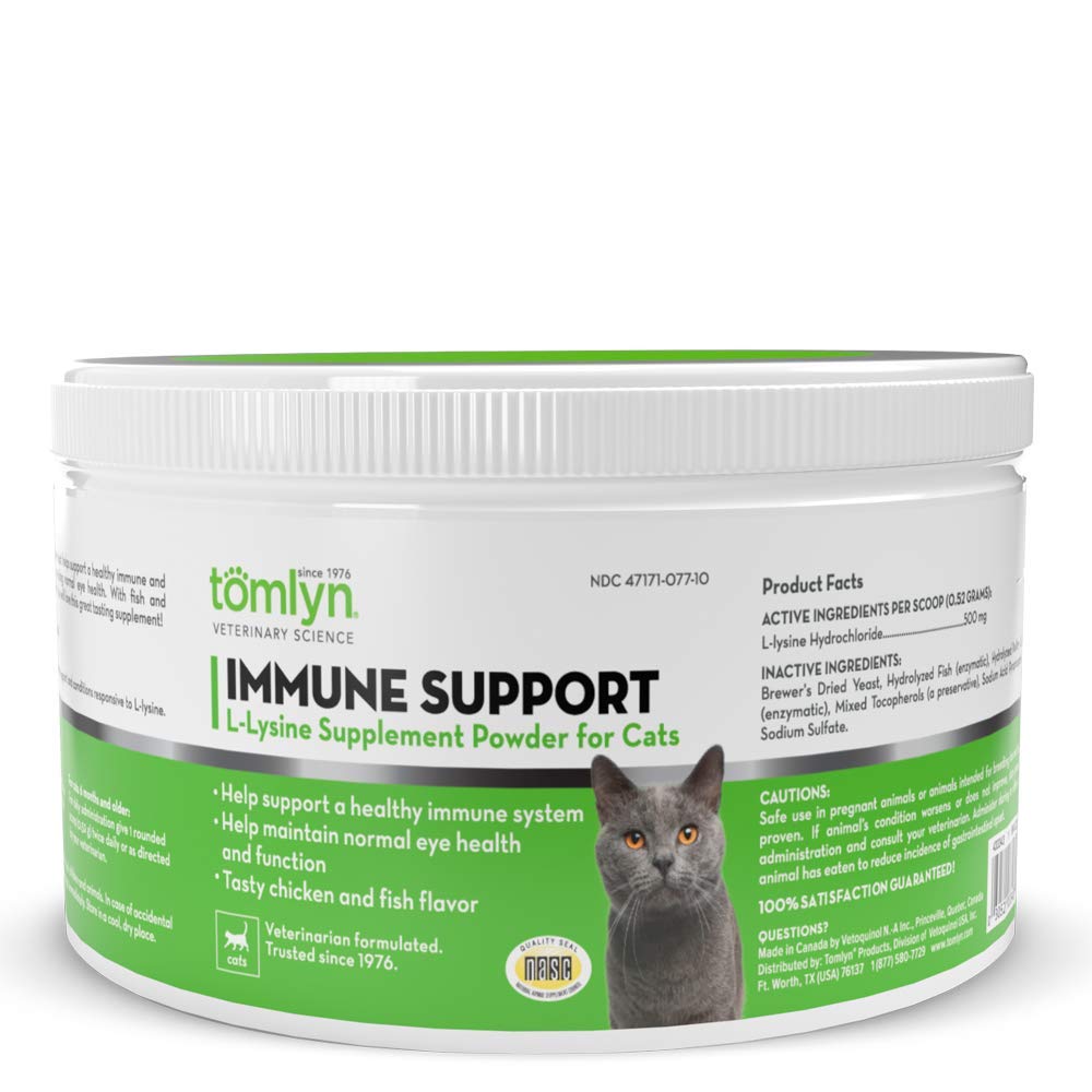 Tomlyn immune-support daily lysine powder bottle for cats supports immune and respiratory health.