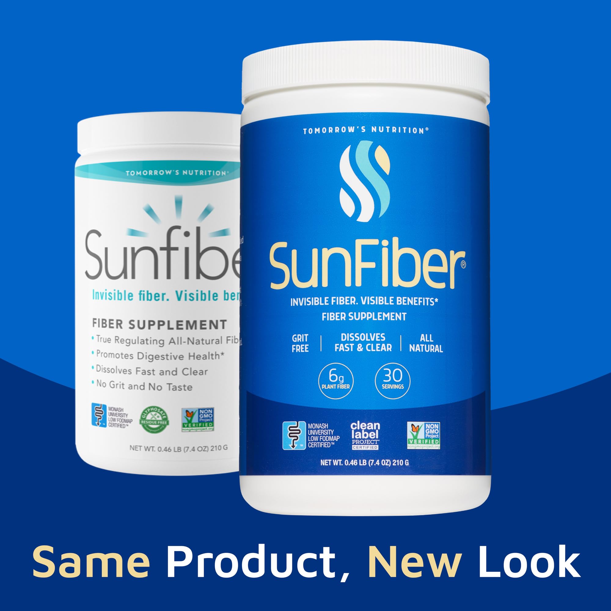 Tomorrow's Nutrition Sunfiber tub closeup highlights 6 g soluble fiber per serving.