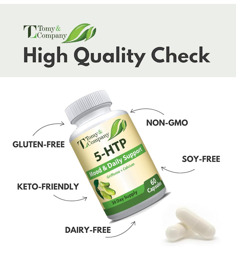 Tomy&Company 5-HTP capsules in bottle showcase vegan, calcium-enhanced supplement