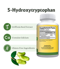Tomy&Company 5-HTP label close-up highlights non-GMO and gluten-free formula