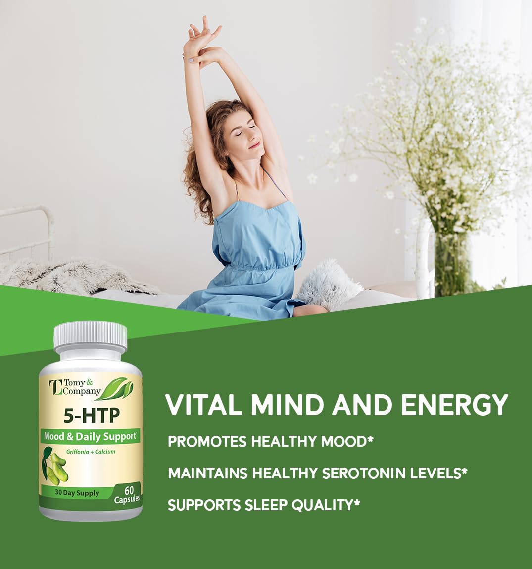 Tomy&Company 5-HTP bottle packaging emphasizes vegan, gluten-free wellness support