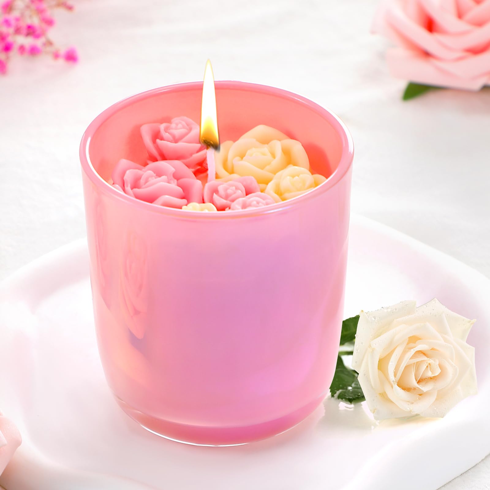 Tondiamo Valentines rose candle in a rose-jar enhances romantic ambiance.