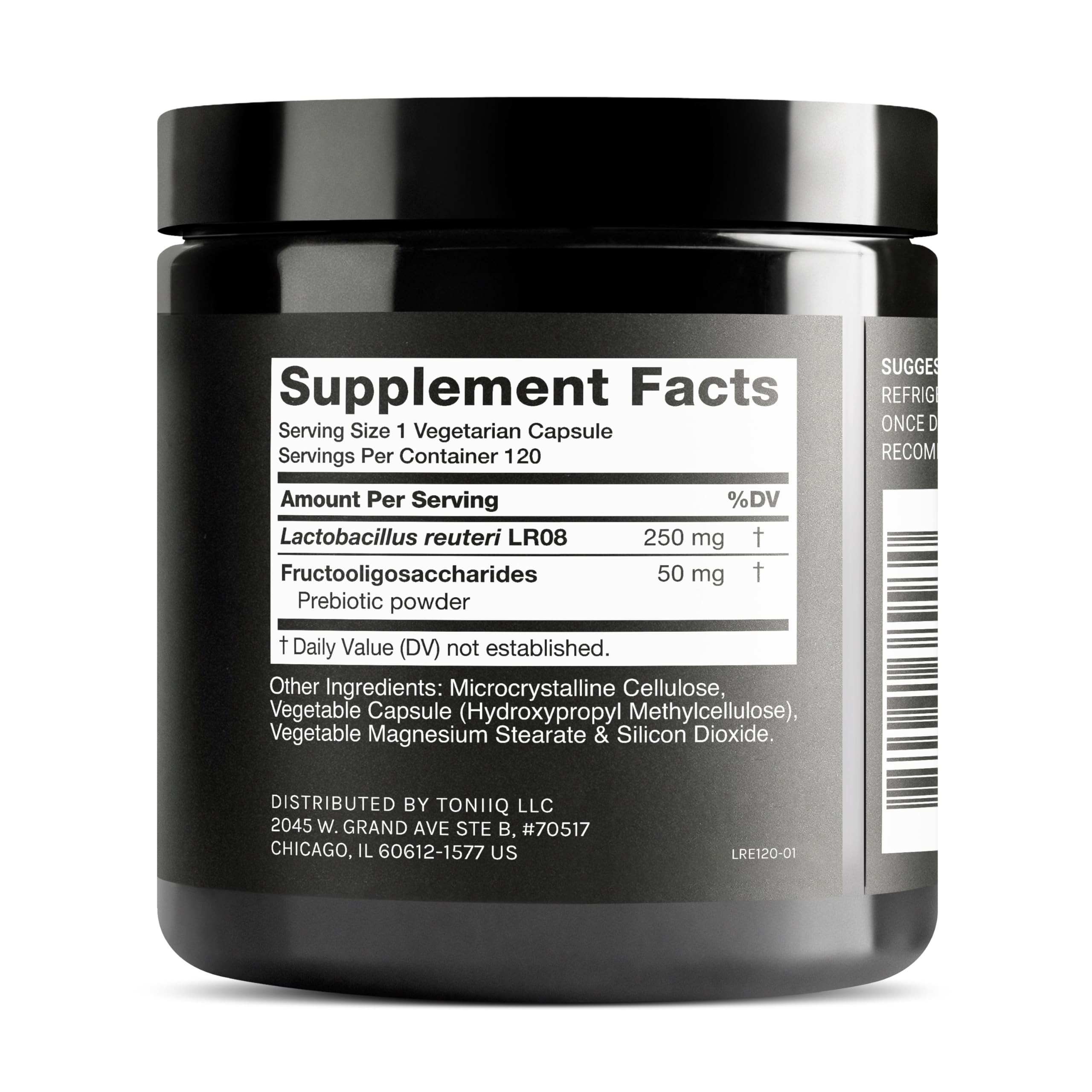 Toniiq probiotic capsules close-up showing potent L. Reuteri formula.