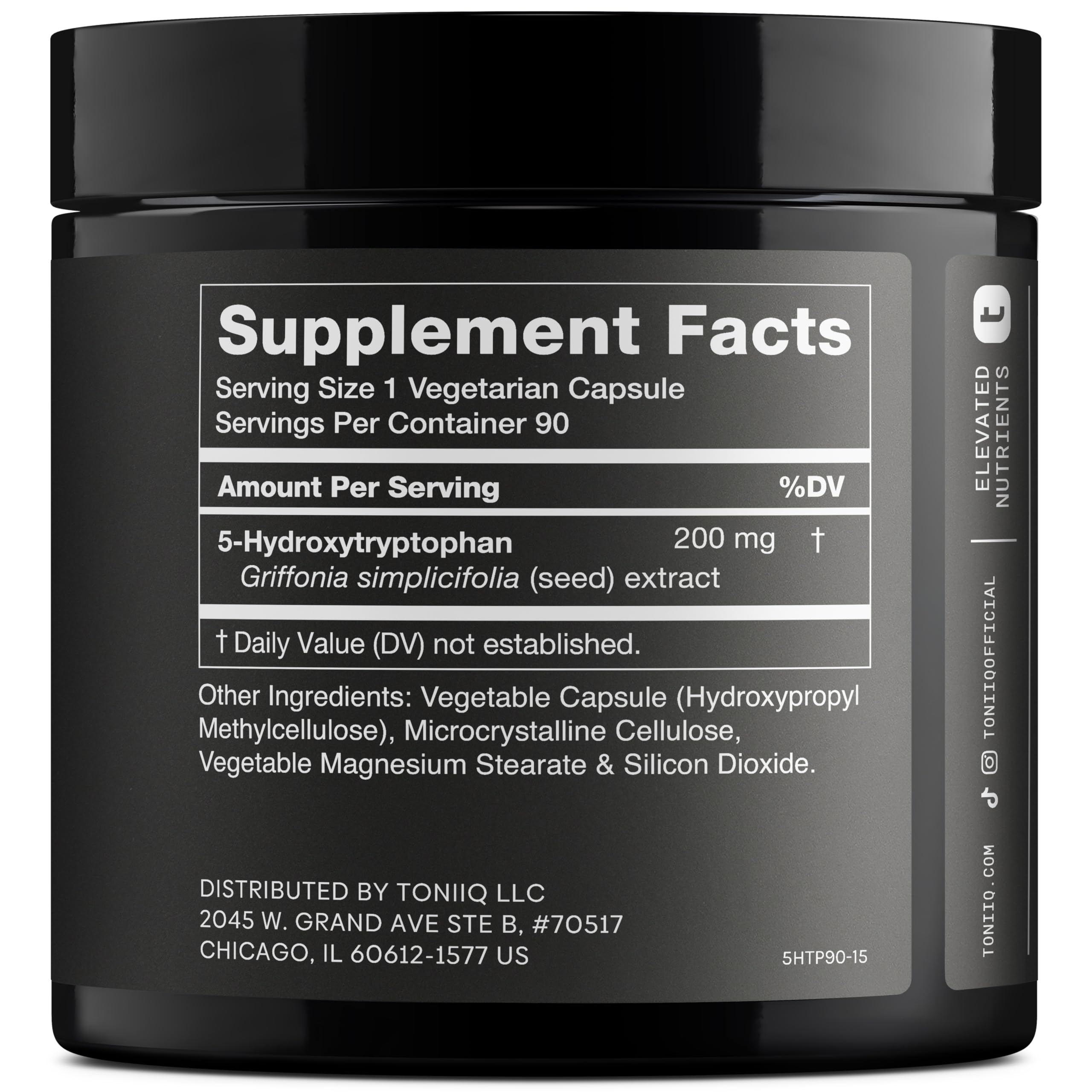 Toniiq 5-HTP capsules close-up highlighting 200 mg potency