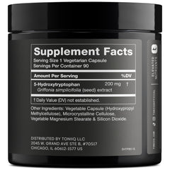 Toniiq 5-HTP capsules close-up highlighting 200 mg potency