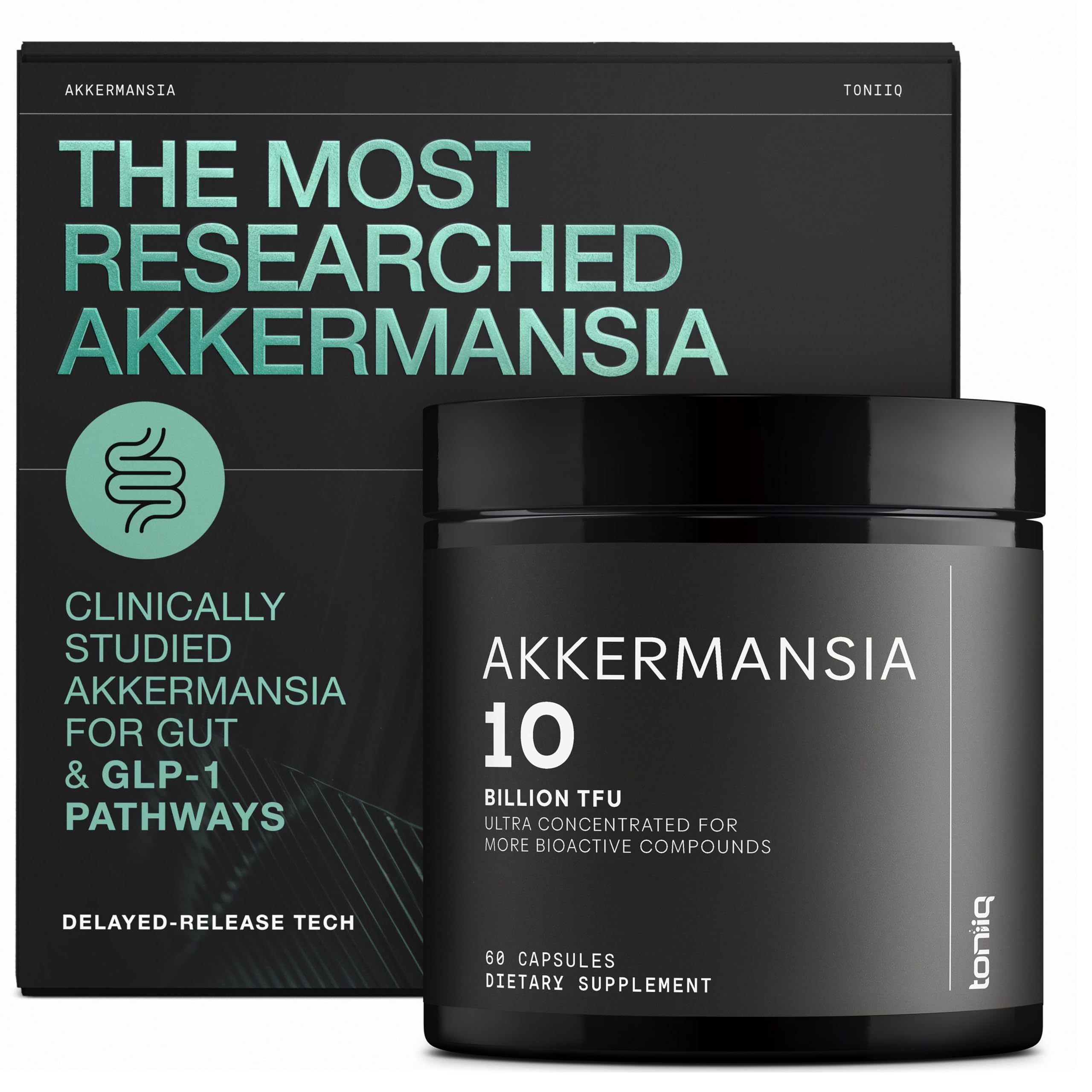 Toniiq Akkermansia Probiotic bottle label highlights potency and gut support.