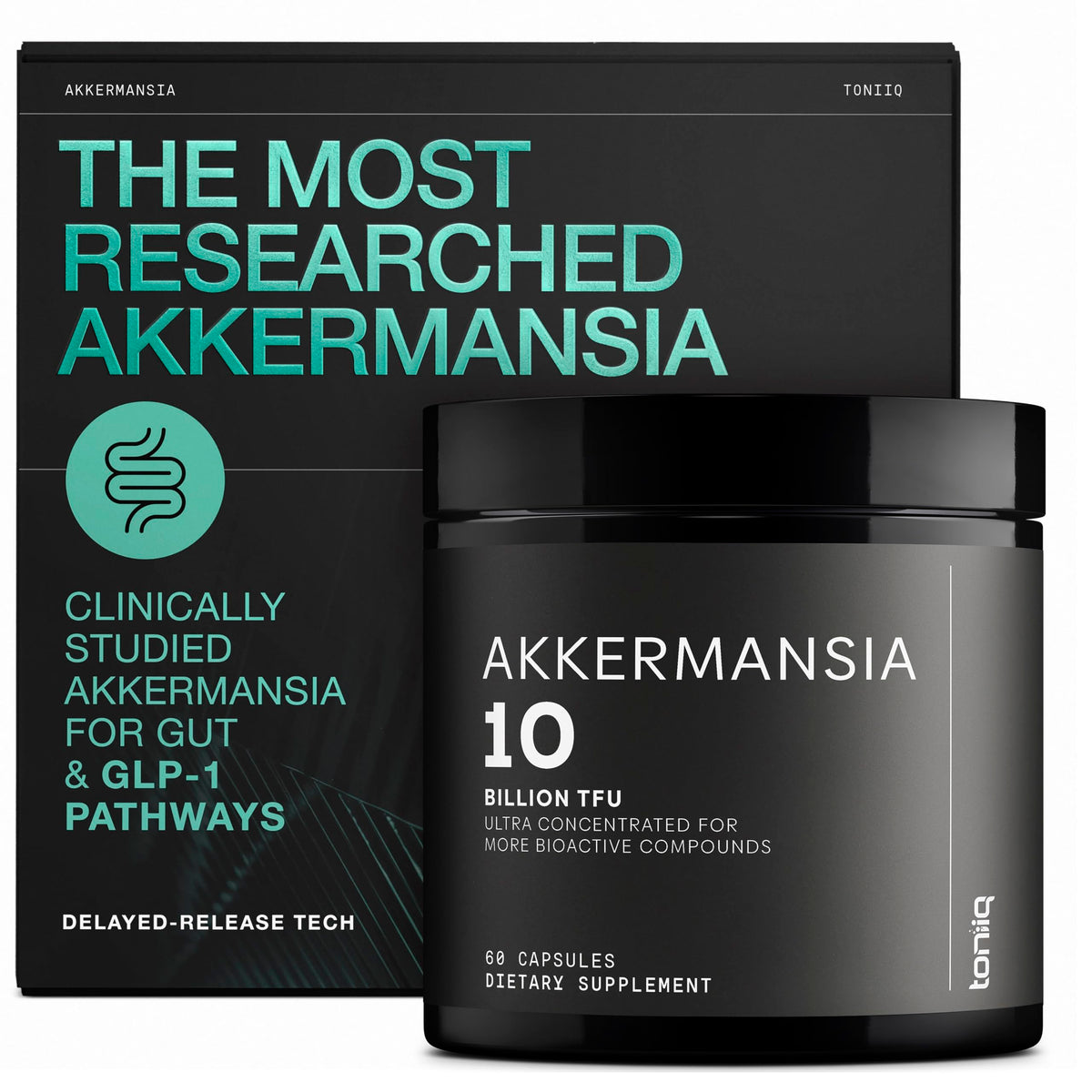 Toniiq Akkermansia Probiotic bottle label highlights potency and gut support.
