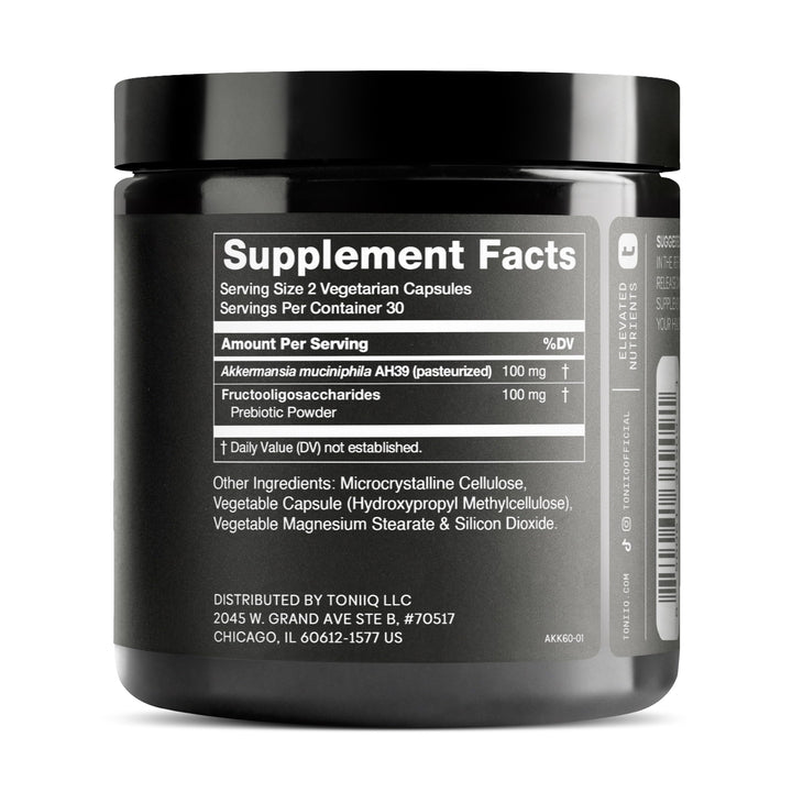 Toniiq Akkermansia Probiotic capsules close-up shows precise dosage.