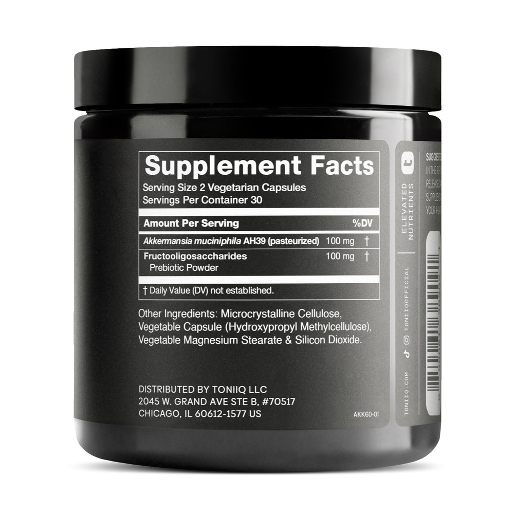 Toniiq Akkermansia Probiotic capsules close-up shows precise dosage.