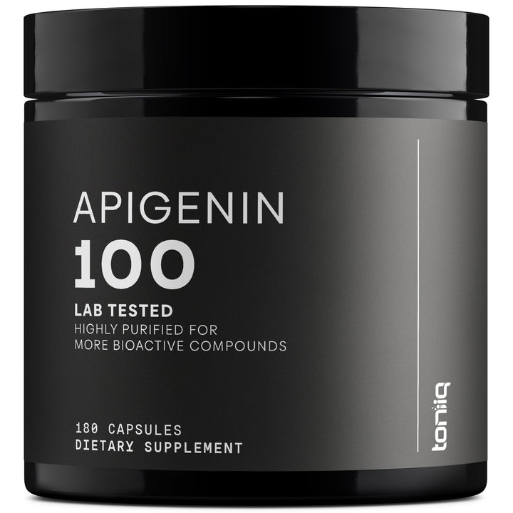 Toniiq Apigenin bottle highlighting 98%+ purity for daily use