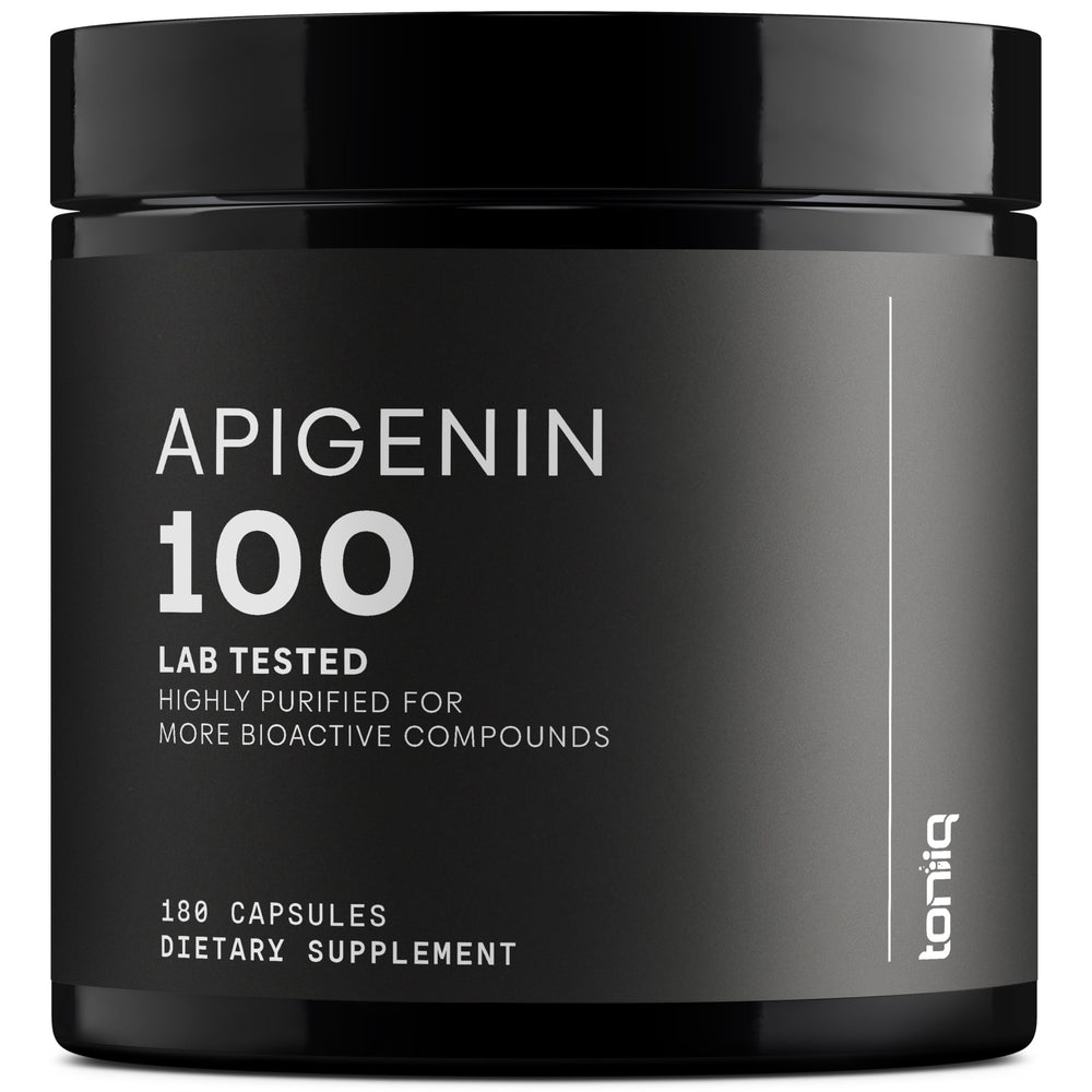 Toniiq Apigenin bottle highlighting 98%+ purity for daily use