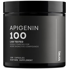 Toniiq Apigenin bottle highlighting 98%+ purity for daily use