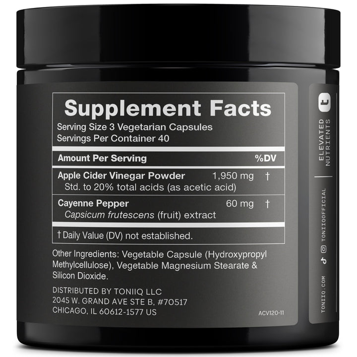 Toniiq Apple Cider Vinegar Capsules label highlighting high potency formula.