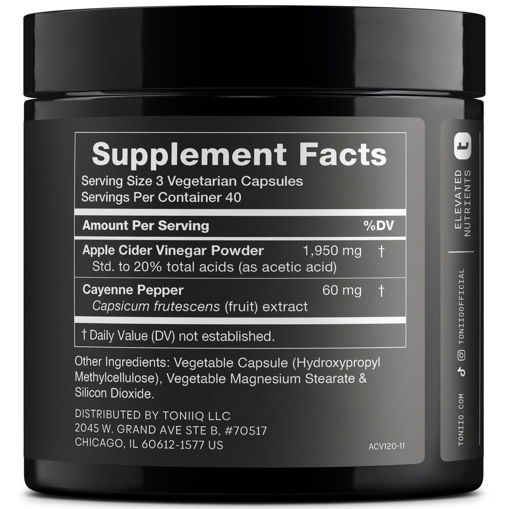 Toniiq Apple Cider Vinegar Capsules label highlighting high potency formula.