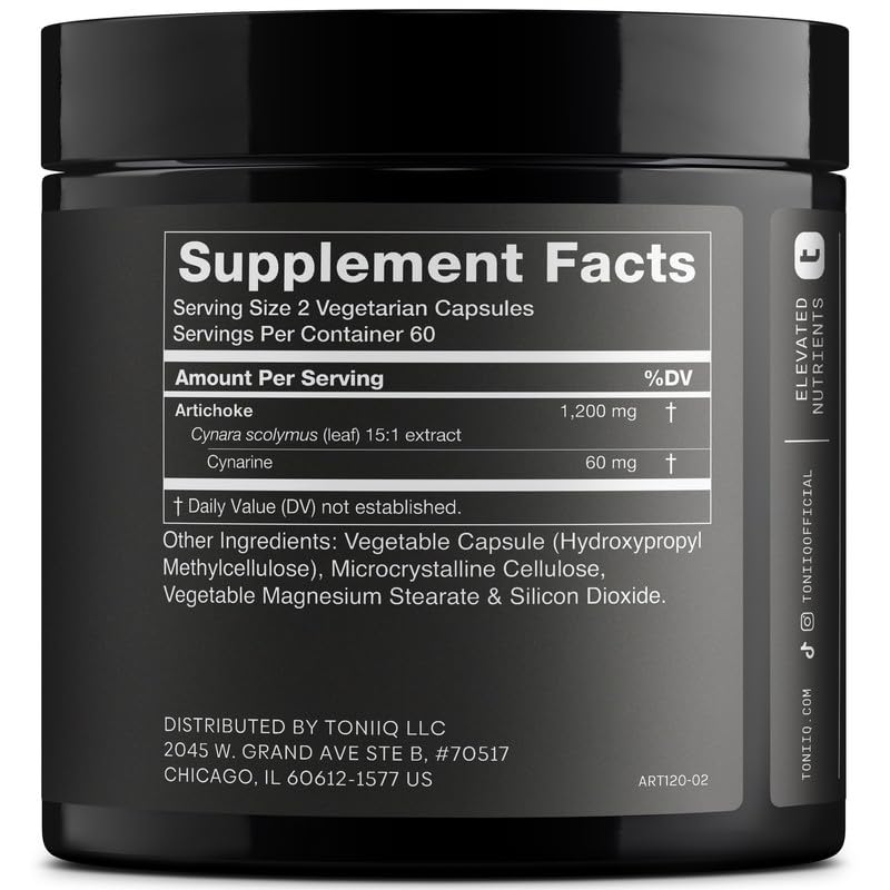 Toniiq Artichoke Extract label highlights 5% Cynarin for potency.