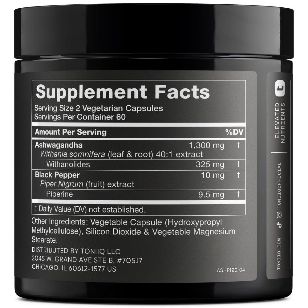 Toniiq Ashwagandha bottle label shows 25% withanolides, strong bioactive content.