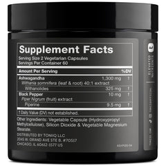 Toniiq Ashwagandha bottle label shows 25% withanolides, strong bioactive content.