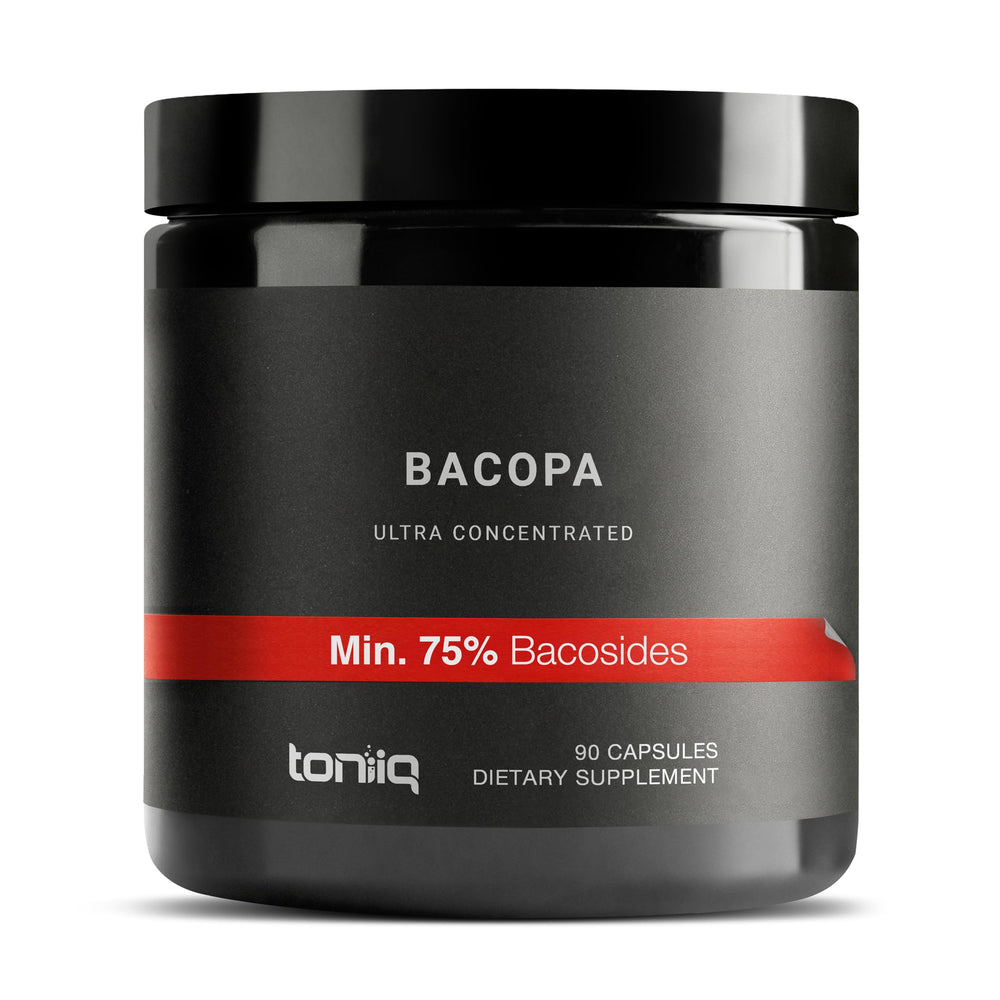 Toniiq Bacopa bottle front showing 45:1 extract and 90 capsules.