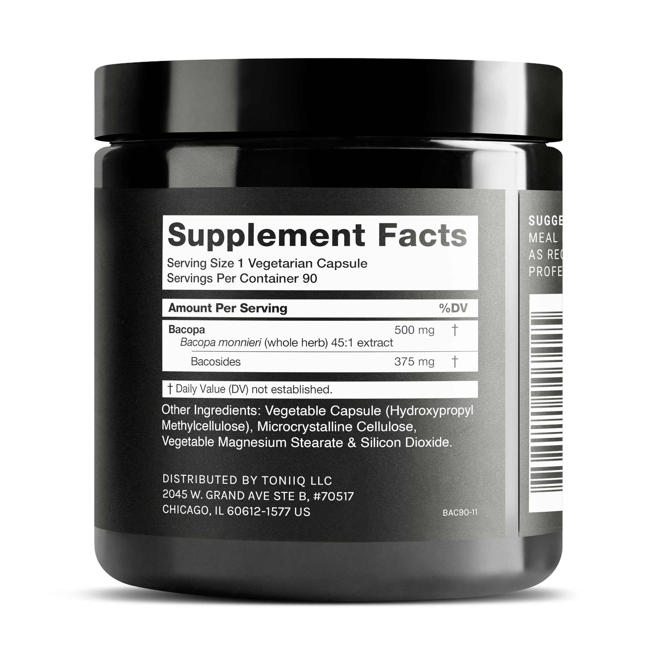 Toniiq Bacopa capsules close-up highlighting 500 mg per capsule.