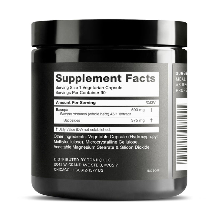 Toniiq Bacopa capsules close-up highlighting 500 mg per capsule.