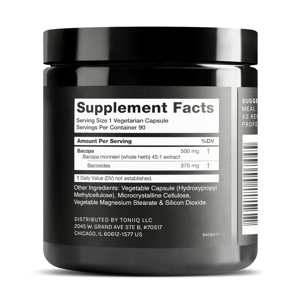 Toniiq Bacopa capsules close-up highlighting 500 mg per capsule.