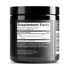 Toniiq Bacopa capsules close-up highlighting 500 mg per capsule.