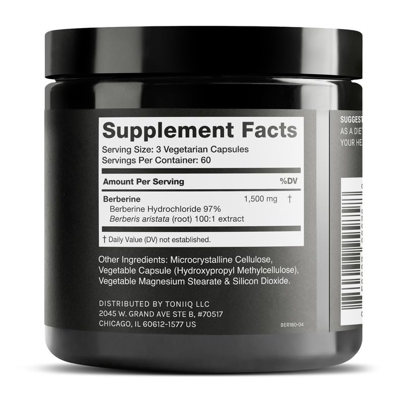 Toniiq Berberine HCl 100x extract capsules ready for daily supplementation